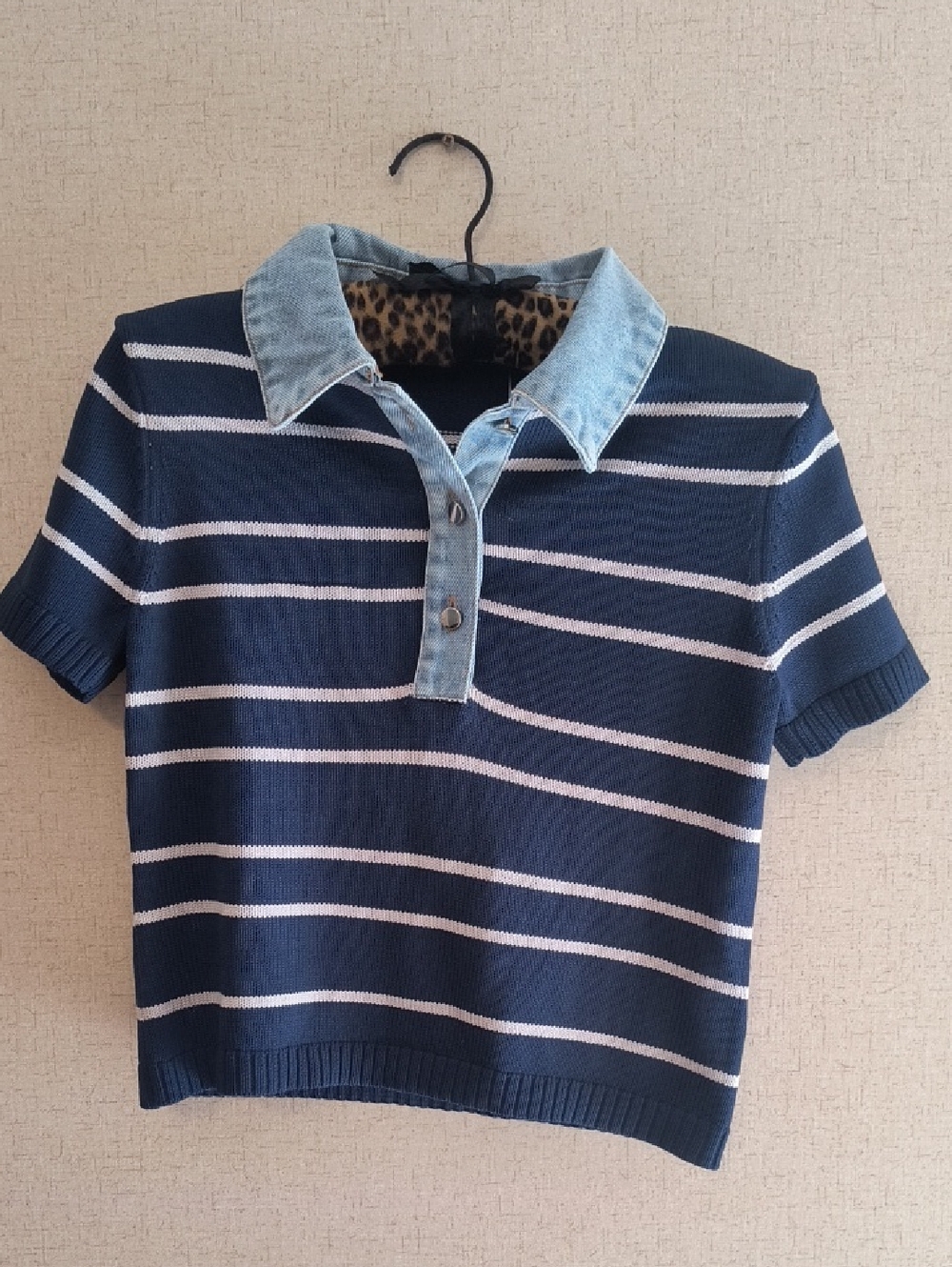 Olivacous Navy Stripe Polo Top with Denim Collar
